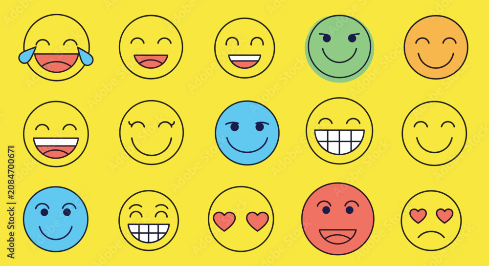 Fototapeta premium Set of fifteen colorful smiley faces and emojis expressing different emotions on a bright yellow background vector illustration.
