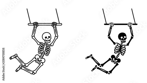 Fotografie Skeleton on Trapeze: Two playful skeleton figures are depicted hanging from a trapeze bar, one in outline and the other filled, embodying a quirky and humorous Halloween theme