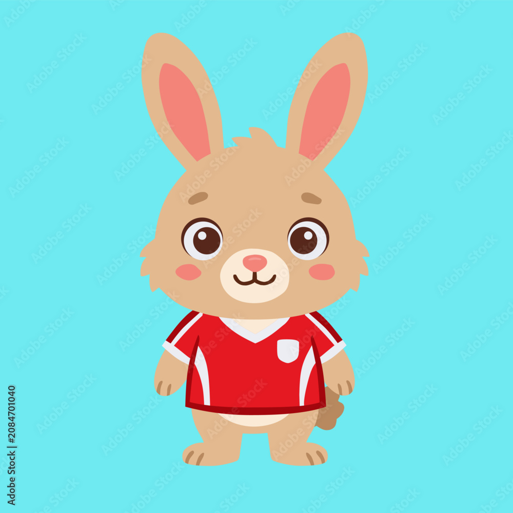 Fototapeta premium Cute rabbit character with red sports jersey in flat cartoon illustration style for kids decoration or team mascot