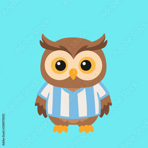 Cute owl character with light blue striped jersey in flat cartoon illustration style for kids apparel or team mascot