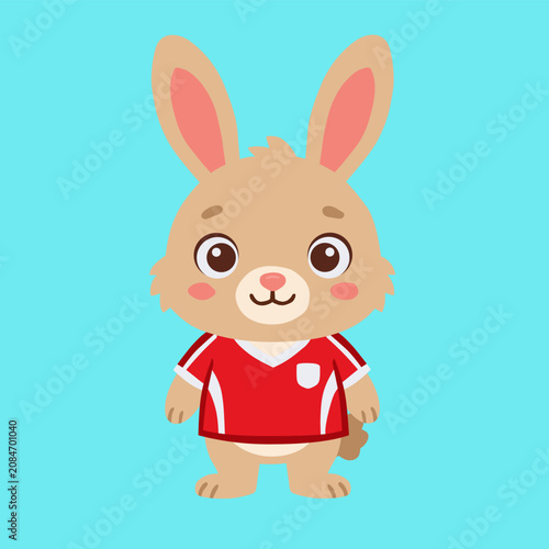 Cute rabbit character with red sports jersey in flat cartoon illustration style for kids decoration or team mascot