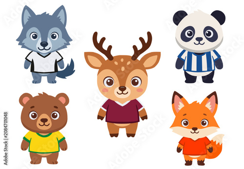 Cute cartoon animals set with colorful sports jerseys in flat vector illustration style for kids education or sports mascot