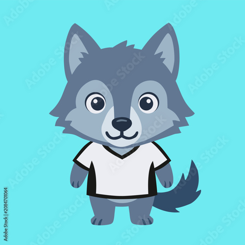 Cute wolf character with white sports jersey in flat cartoon illustration style for kids apparel or team mascot