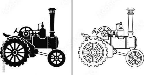 Photos Tractor Steam Engine Flat Vector Icon with Black Silhouette and Outline Variatio
