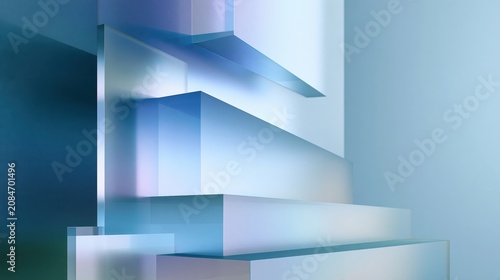 Layered frosted glass panels with soft blur and translucent depth in cool blue tones