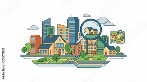 Stylized cityscape with magnifying glass and map icons