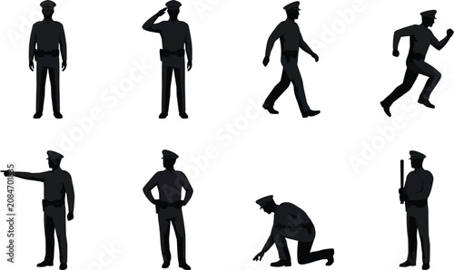Tableau sur toile Police officer silhouette set in different action poses walking saluting running