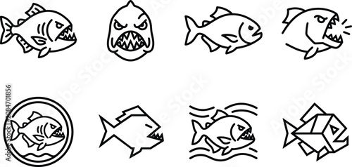 Obraz na płótnie Piranha Fish and Dangerous Predator Line Icon Set with Sharp Teeth Symbols for M