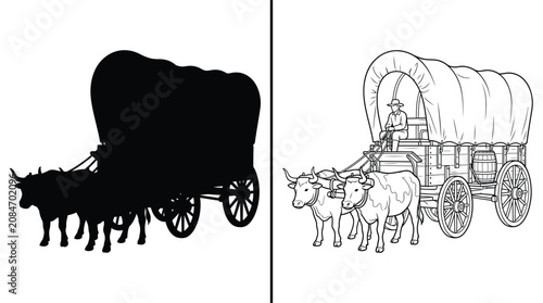 Photos Wagon Covered with Oxen Pulling It Over Land in a Line Art and Silhouette Design