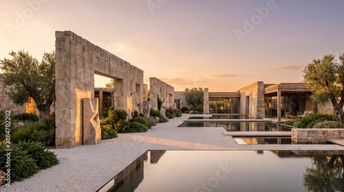 Modern architectural courtyard with reflecting pool at dusk and warm lighting