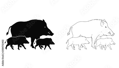 Bilde på lerret Wild Boars Silhouettes and Line Art Set with an Adult Pig and Two Offspring as a