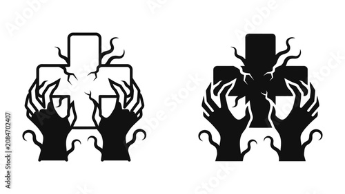 Schilderij op canvas Gothic Cross with Grasping Hands: A haunting graphic of a Gothic cross is clutched by skeletal hands, adorned with twisted branches, evoking a sense of dread and mystery