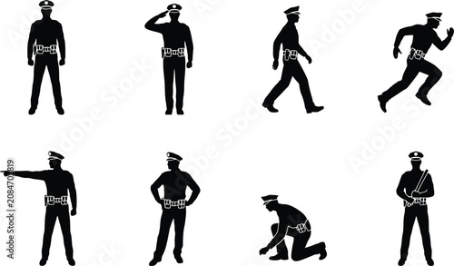 Foto Set of police officer silhouettes in various action poses patrol saluting walkin