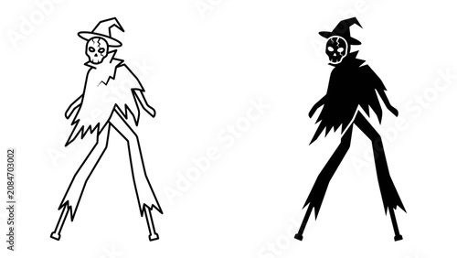 Tableau sur toile Scarecrow Duo: A pair of stylized scarecrows, one in outline and the other a solid silhouette, stand ominously with pointed hats and tattered cloaks, exuding a spooky charm