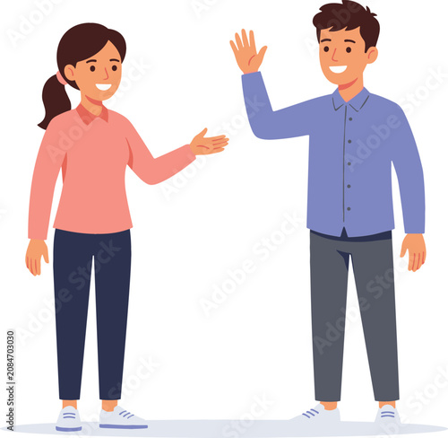 Happy young man waving hand to a smiling woman vector illustration showing friendly people greeting or saying goodbye on white background, 21 words.