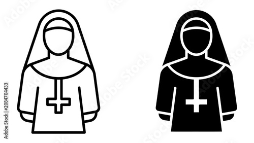 Bild auf Leinwand Nun Icon Set: Two stylized icons depict a nun, one outlined in black and white and the other in silhouette, both wearing traditional religious attire with a cross pendant