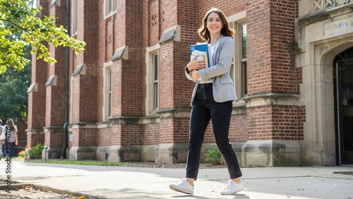 Young smiling female university student walks on campus with books in her arms.
