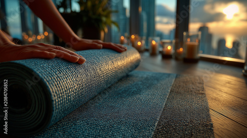 Woman unrolling yoga mat at home