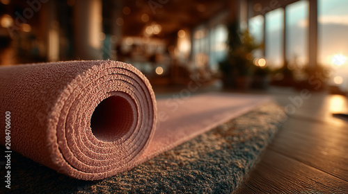 Woman unrolling yoga mat at home