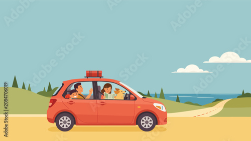 Foto Family vacation road trip illustration with a red car driving along a country ro