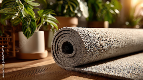 Woman unrolling yoga mat at home