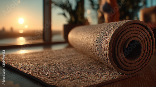 Woman unrolling yoga mat at home