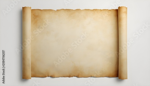 Blank vintage parchment scroll with curled edges and aged paper texture on white background
