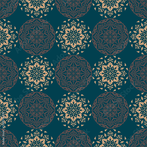 Billede på lærred circular mandala design featuring a leaf pattern and an eight-pointed star at the center, in shades of beige and brown set against a blue-green background for textile design, clothing, carpet