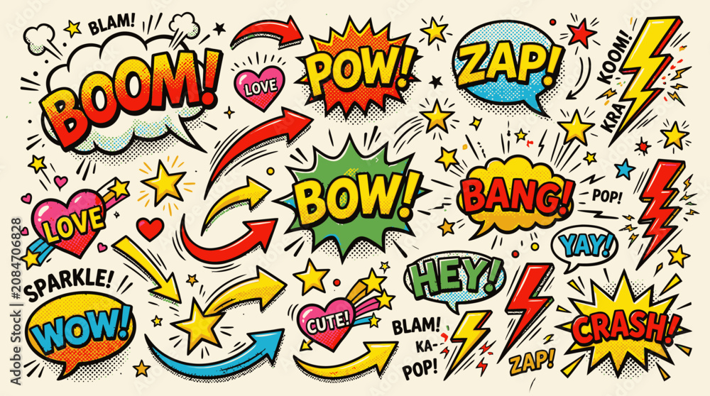 Obraz premium Collection of colorful comic book speech bubbles and sound effects.