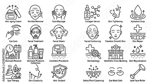 Comprehensive collection of aesthetic dermatology and skincare procedural line icons with anti aging