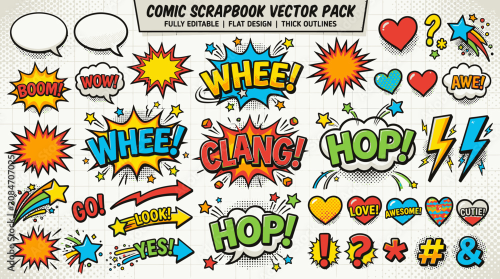 Naklejka premium Colorful comic speech bubbles and expressions.