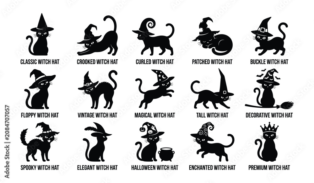 Fototapeta premium Halloween witch cats silhouette collection diverse designs for spooky season graphics