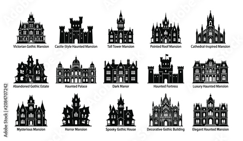 Obraz na plátně Halloween silhouette of various haunted houses and mansions