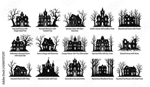 Halloween haunted houses silhouettes collection with spooky trees and branches