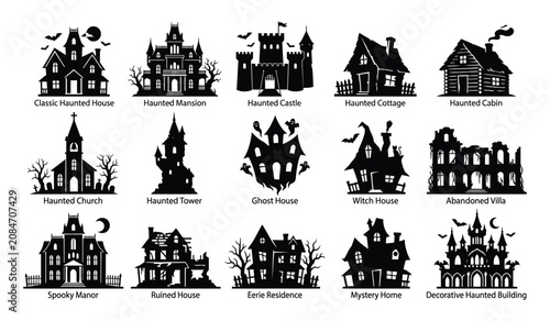 Halloween silhouette collection haunted houses castles and mansions for spooky decor