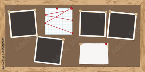 Fotografie Corkboard With Photographs And Connecting Red Strings Vector Illustration