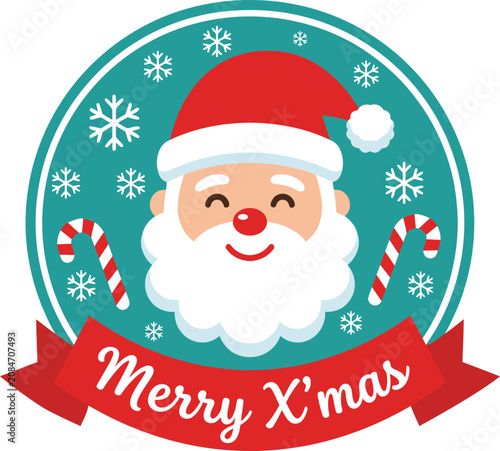Photography A cheerful cartoon santa claus face with a red hat and white beard on a teal cir