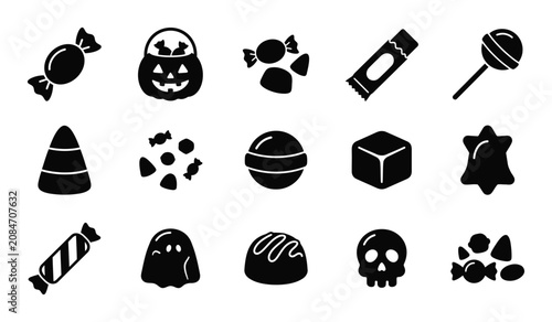 Halloween silhouette icons set including candy pumpkin bucket and spooky elements