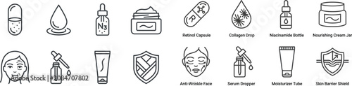 Set of skincare cosmetic treatment icons featuring retinol collagen niacinamide and moisturizing dermatology solutions