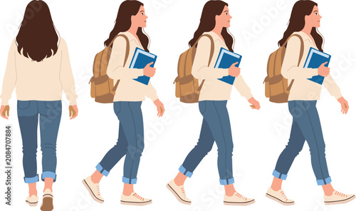 Young Woman Walking with Backpack and Book Multiple Poses 