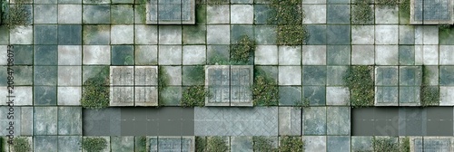 Seamless tileable top-down grid of concrete pavers. Top-down view of weathered concrete grid with green plants