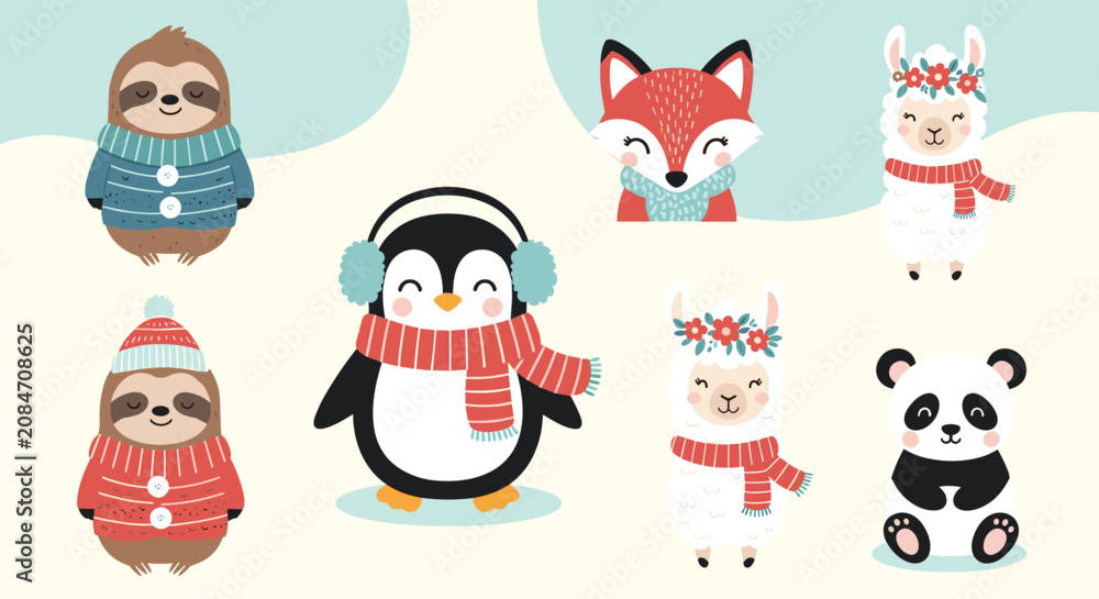 Fototapeta premium Collection of adorable winter animals wearing warm knitted sweaters, cozy woolen scarves, and fuzzy earmuffs.