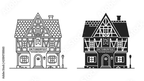 Photos Oktoberfest House Illustration: A charming, traditional half-timbered house, decorated for the Oktoberfest celebration, presented in both outline and silhouette versions