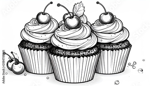 Detailed line art of three cupcakes with cherry accents.
