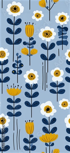 Nordic style seamless floral pattern on blue background. Abstract folk art flowers creating a repeating surface design