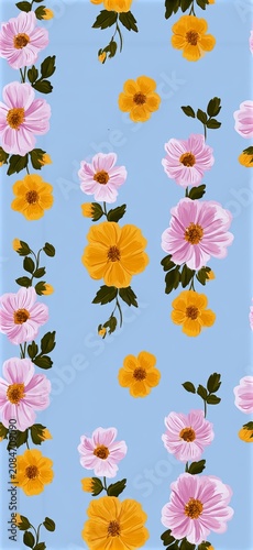 Nordic style seamless floral pattern on blue background. Abstract folk art flowers creating a repeating surface design