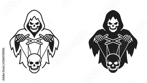 Tableau sur toile Puppet Master of Fate: A stylized grim reaper, depicted as a puppet master, manipulates a skull with strings, symbolizing control over life and death