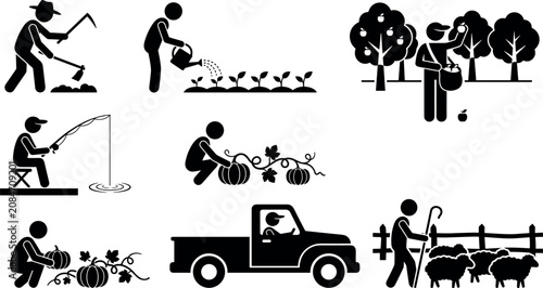 Photos Farming and agriculture stick figure icon set featuring harvesting driving truck herding sheep and fishing vectors
