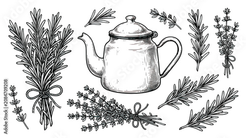 Fotografía Vintage hand drawn herbal tea set with teapot and rosemary sprigs, rustic lavend