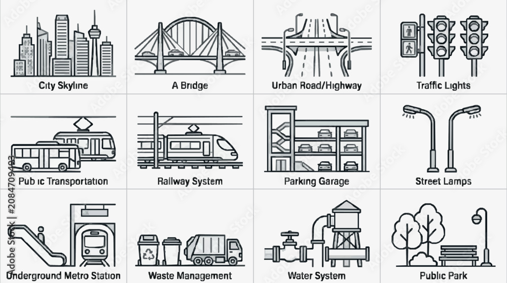 Obraz premium Professional Black and White Line Drawing Icons of Urban Infrastructure and City Elements with high quality professional line art symbols for modern creative design and digital branding projects